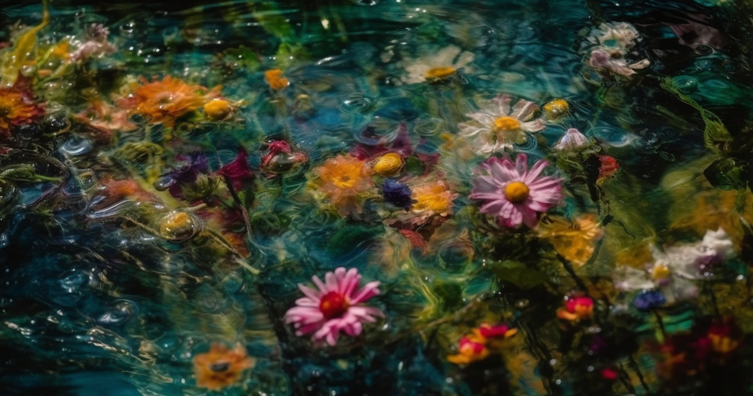 These Flowers Are In A Water Spill In The Style Of Ci1