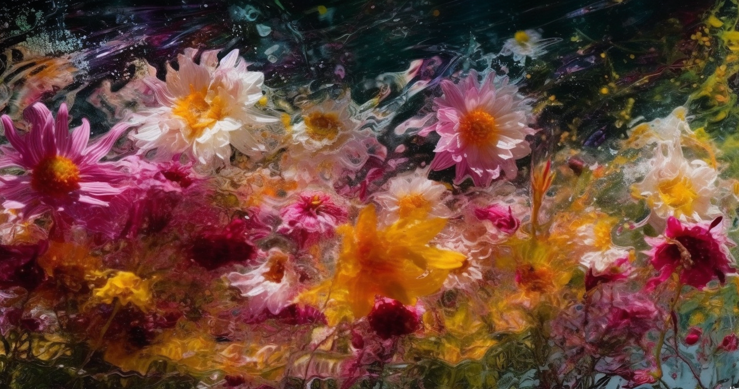 These Flowers Are In A Water Spill In The Style Of Ci3