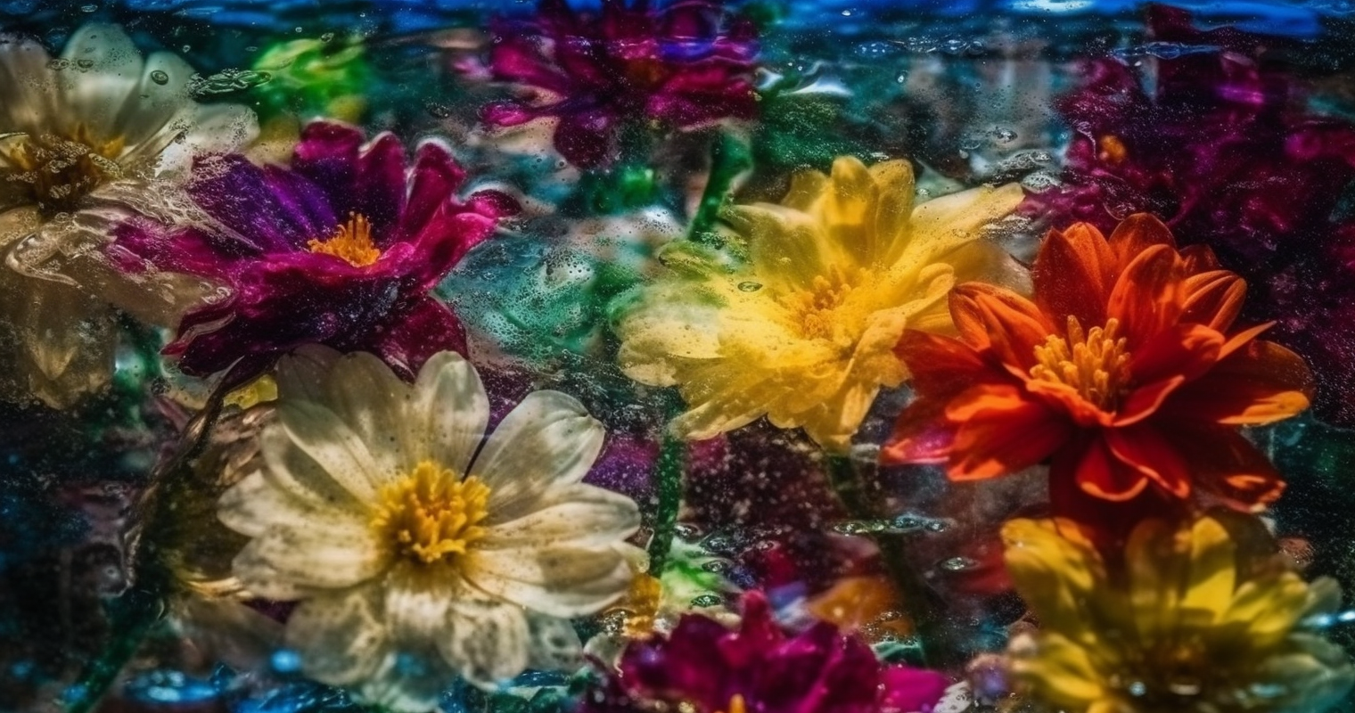 These Flowers Are In A Water Spill In The Style Of Ci4