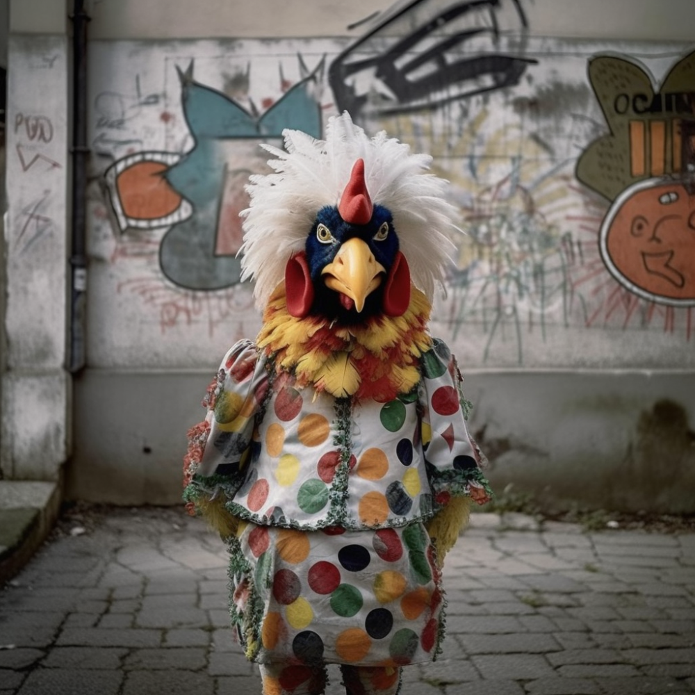 A Poster On A Wall Of A Chicken In A Clown Outfit1