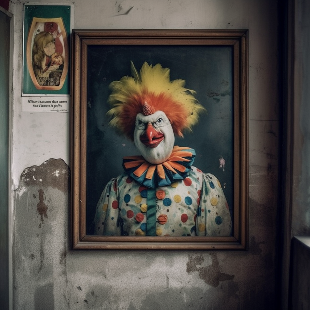 revelational art a_poster_on_a_wall_of_a_chicken_in_a_clown_outfit2